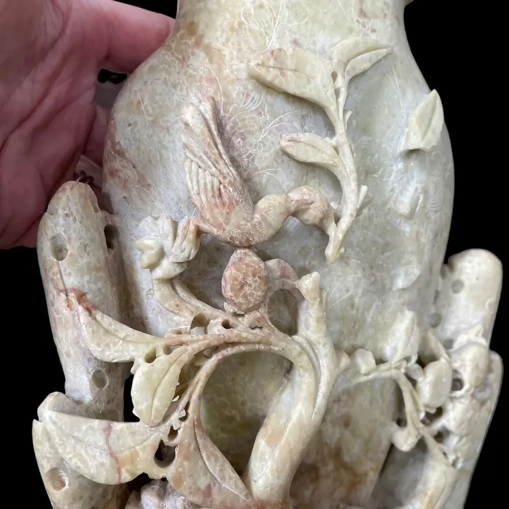 Chinese Carved Soapstone Vase Relief Antique Sculpture Vintage Oriental 9